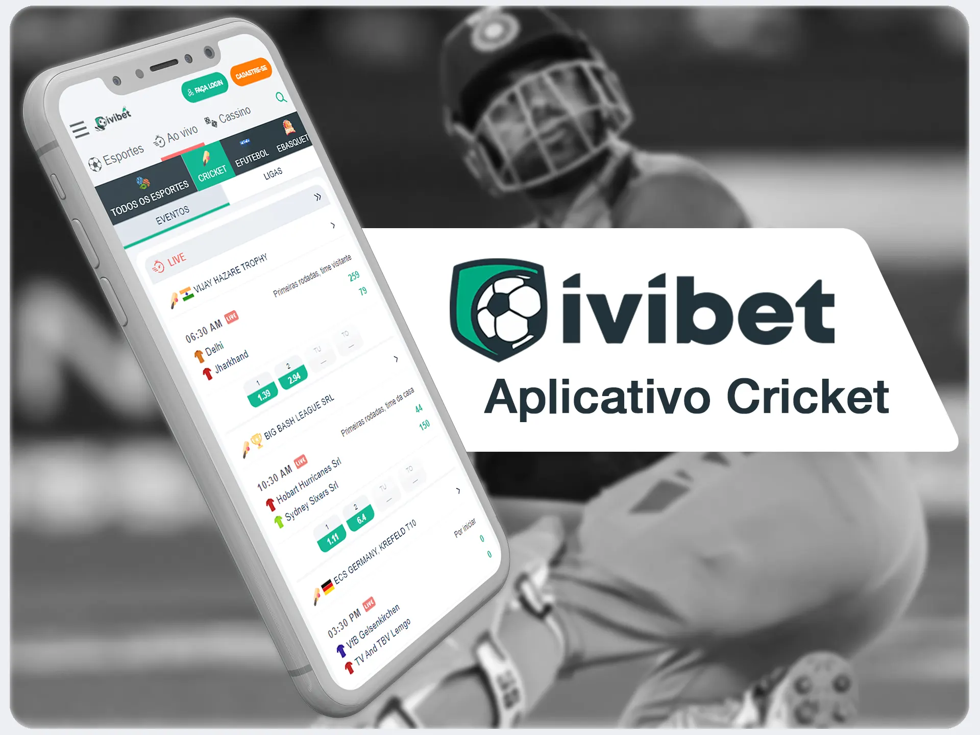 Aposte em equipes de cricket com app.